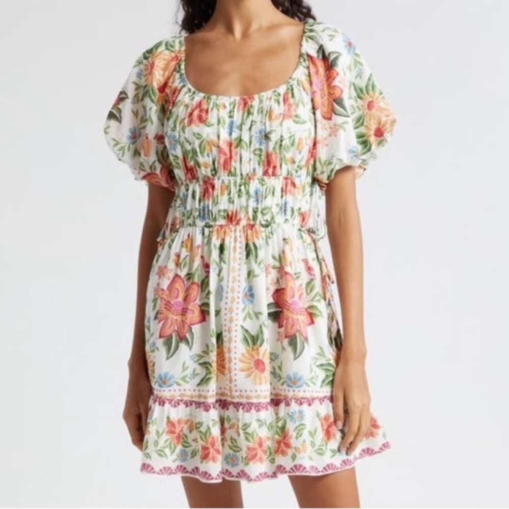 NWOT Farm Rio Bloom Garden Short Sleeve Mini Dress in White Floral Print